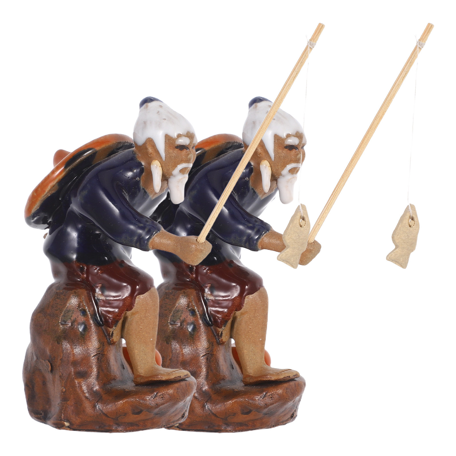 Bonsai Zen Garden Set - Mini Fisherman Ceramic Figurines 2 Piece